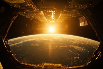 Wall Mural - Breathtaking view of the earth from space with the sun's rays shining through the spacecraft's window
