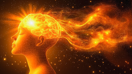 Poster - A woman's head is glowing with a bright light, surrounded by a cloud of stars. Concept of wonder and curiosity, as if the woman's mind is filled with endless possibilities and ideas
