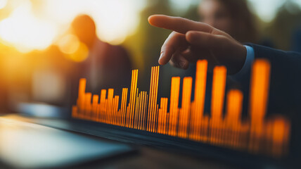 Poster - A person is pointing at a graph on a laptop screen. The graph is orange and has a downward trend. The person is wearing a suit and he is focused on the graph. Scene is serious and focused