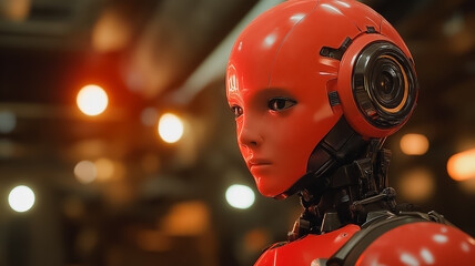 Poster - A robot with a red head and black body stands in front of a light. The robot is wearing a red helmet and has a black face. The robot is looking at the camera