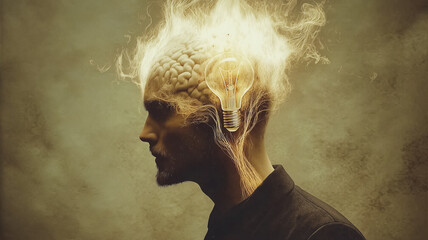 Poster - A man's head is lit up with a light bulb, representing an idea or thought. Concept of creativity and innovation, as the light bulb is often associated with new ideas and inspiration