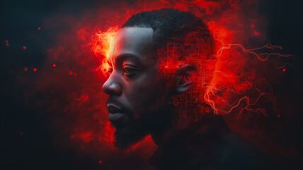 Poster - A man with a beard and a black shirt is shown in a red background. The man's face is obscured by the red smoke, giving the impression of a futuristic or dystopian setting