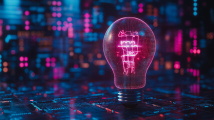 Poster - A glowing light bulb with a finger on it. The bulb is surrounded by a circuit board. Concept of technology and innovation