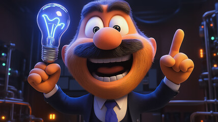 Poster - A cartoon man is holding a light bulb and pointing to it. He is smiling and he is happy
