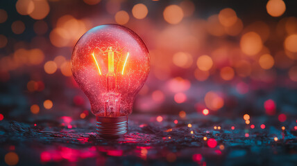 Poster - A red light bulb is lit up in a blurry background. The light bulb is surrounded by a lot of sparkles, giving the image a dreamy and whimsical feel