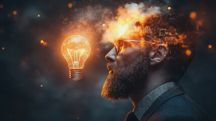 Poster - A man with a beard is looking at a light bulb. The light bulb is glowing and surrounded by smoke. Concept of creativity and innovation, as the light bulb represents an idea or a new concept