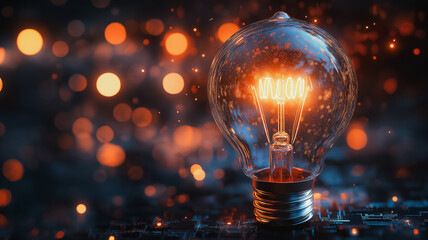 Poster - A light bulb is lit up in a dark room with a blurry background. The light bulb is surrounded by a wire, giving it a futuristic appearance. Scene is mysterious and intriguing