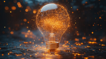 Poster - A glowing light bulb is surrounded by a cloud of sparks. Concept of energy and excitement, as if the light bulb is a symbol of innovation and creativity