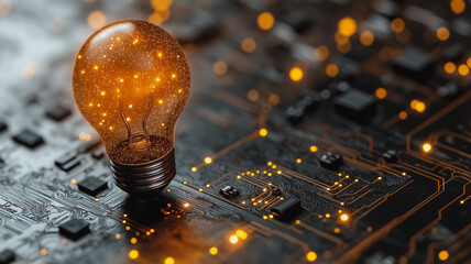 Poster - A light bulb is glowing on a black circuit board. The light bulb is surrounded by a glowing, star-like pattern. Concept of innovation and creativity, as the light bulb is a symbol of new ideas