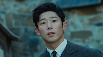 Poster - a man in a suit and tie is standing in front of a stone wall. he has a serious expression on his fac