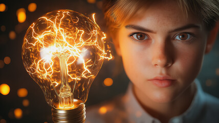 Poster - A girl with a light bulb in her hand. The light bulb is glowing and has a lot of energy