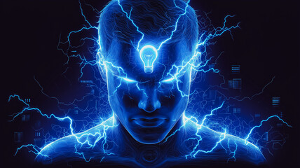 Poster - A man's head is lit up with a light bulb, surrounded by blue sparks. Concept of intelligence and creativity, as the light bulb represents an idea or a thought. The blue sparks add a dynamic