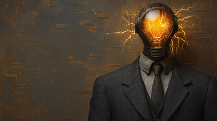 Poster - A man in a suit with a tie is wearing a helmet that has a light bulb on it. The helmet is surrounded by sparks, giving the impression of a futuristic, high-tech device