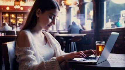 Poster - Girl Works on Her Laptop at a Cozy Pub While Sipping a Drink Generative AI