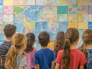 Poster - colorful classroom wall covered in maps and charts students engaged in geography lesson