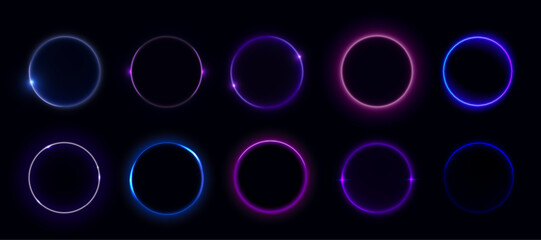 Wall Mural - solar eclipse circles showing moon covering sun on dark background. glowing purple neon rings with b