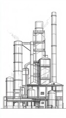 Poster - minimalist contour drawing of an industrial factory building with pipes and chimneys