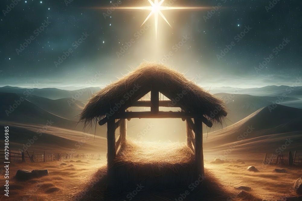 Nativity Scene - Birth Of Jesus Christ With Manger In Snowy Night And ...