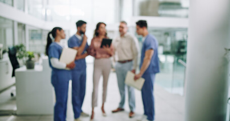 Aufkleber - Hospital chief, blur and planning with doctors and people for documents, schedule and feedback. Teamwork, advice and medical with group in clinic for healthcare compliance, nurse and insurance