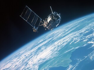 Wall Mural - Satellite orbiting the earth with a view of the planet's atmosphere