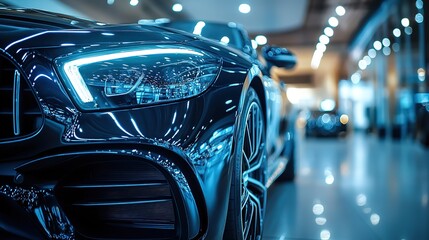 Poster - cropped image of new car in dealers showroom. detail of luxury car for lease in rent office. car sal