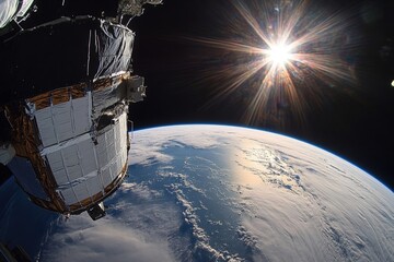 Wall Mural - Satellite orbiting the earth with sun flare in the background