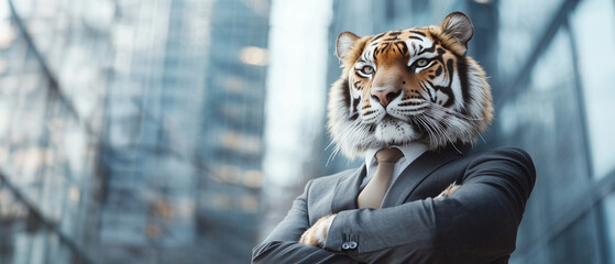 Poster - tiger in sleek business attire stands confidently in urban setting, symbolizing power and leadership