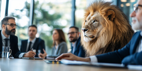 Poster - lion confidently leads diverse business meeting in modern boardroom, symbolizing leadership and strength