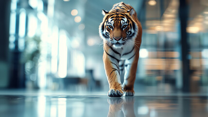 Poster - majestic tiger confidently strides through modern office building, exuding power and grace. sleek interior contrasts with wild presence of tiger, creating striking scene