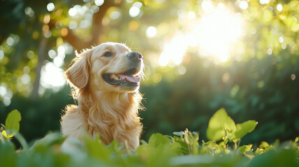 Aufkleber - playful golden retriever sits joyfully in sunlit park, surrounded by lush greenery and basking in warm glow of afternoon sun