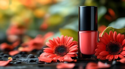 Poster - Bright Coral Nail Polish Surrounded by Vibrant Red Flowers and Soft Green Leaves on a Wooden Surface, Ideal for Beauty and Fashion Themes