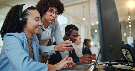 Poster - Business people, call center and training team on computer for help desk, support and customer service. Telemarketing, sales consultant and coaching with mentor for internship, advice or learning crm