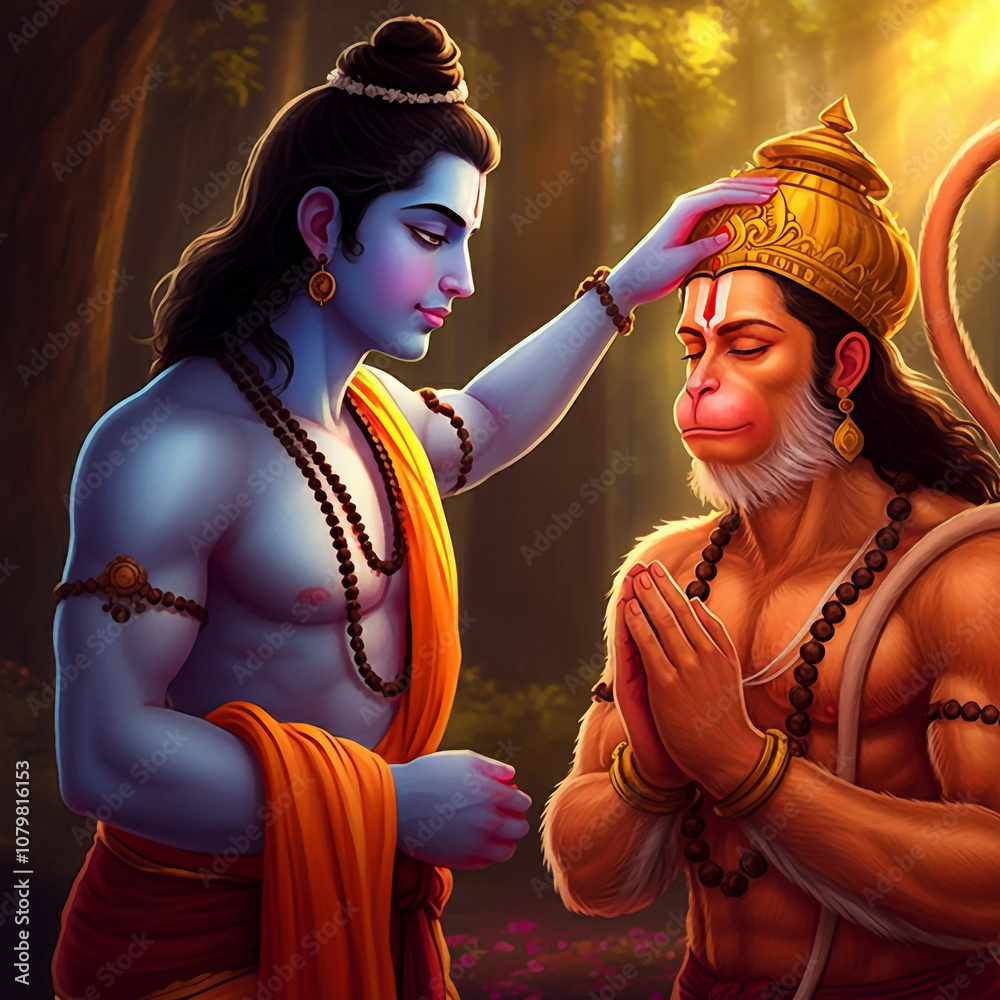 Lord Rama blessing Lord Hanuman with a gentle touch on his head ...