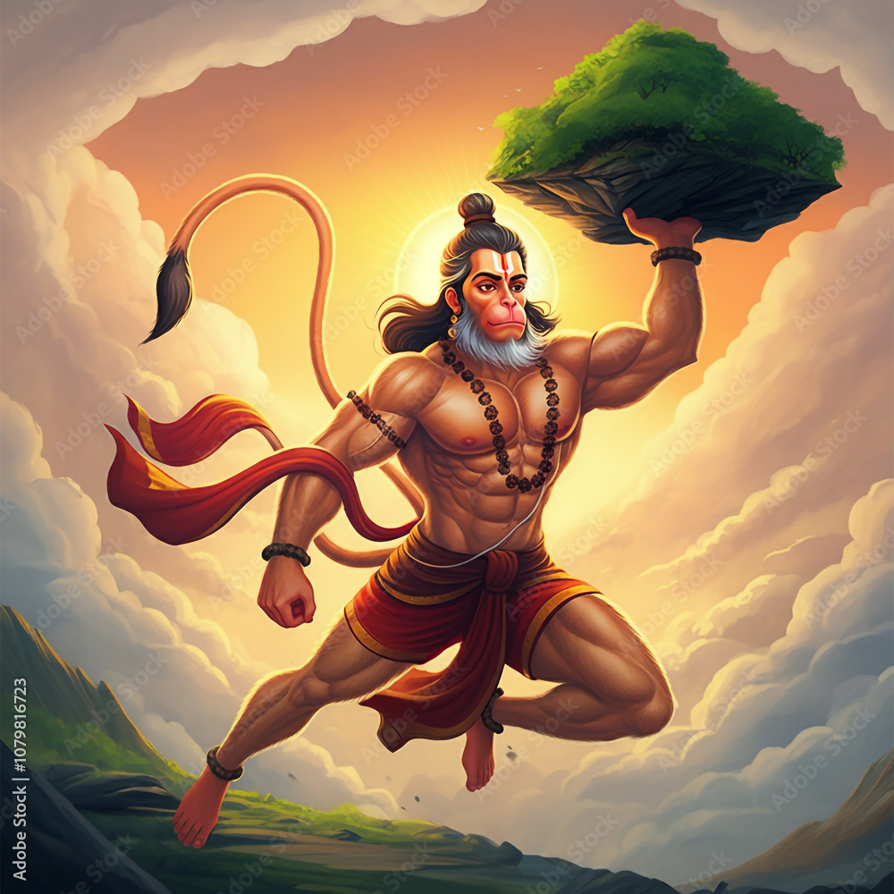Lord Hanuman carrying the Sanjeevani mountain with strength and ...