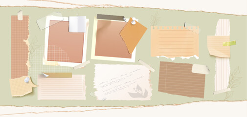 Poster - Soft pastel vintage composition with ripped notebook pieces. Lined, squared and blank paper fragments with delicate plant sketches. Pinned torn papers, adhesive tape and handwritten text snippets.