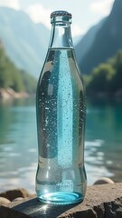 Aufkleber - A bottle of water is sitting on a rock by a body of water