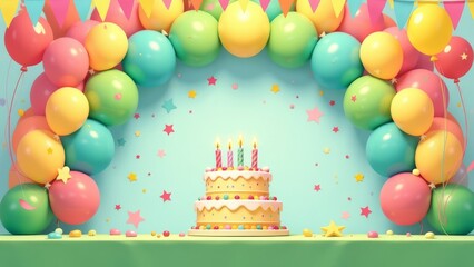 Aufkleber - A birthday party with a cake and balloons