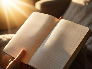 Wall Mural - growth self-awareness concept. an open notebook held in a person's hand, illuminated by warm sunligh