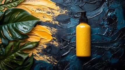 Poster - Vibrant Yellow Container on Artistic Background with Green Leaves, Textured Dark Surface, and Colorful Paint Splashes for Creative Design Projects and Branding