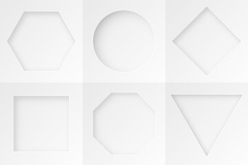 Poster - 3D white geometric frames background set. Perforated shape on bright space. Soft colors decoration. Modern graphic design element with cutout style concept for poster, flyer, card, or brochure cover