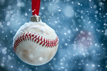 Wall Mural - A white Christmas ornament in the shape of a baseball ball with a red ribbon hanging.