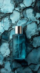 Poster - Elegant Blue Glass Bottle on Textured Turquoise Surface Creating a Serene and Sophisticated Atmosphere for Beauty and Skincare Products Display