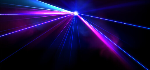 Poster - Bright spotlight shining on black background. Vector realistic illustration of neon blue, pink, purple glowing rays and smoke in darkness, nightclub disco, disco part, concert, show stage illumination