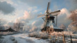 © Desinage - Traditional Dutch windmill landscape with Gelukkig Nieuwjaar in wooden 3D text snow covering the fields quaint and histo