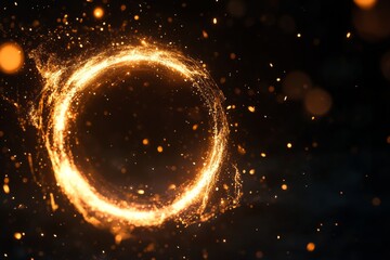 Wall Mural - Abstract glowing flaming golden light ring with a swirling effect on a black background.