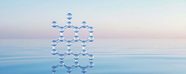 Poster - Translucent Hydrogen Molecule Structure Floating Above Calm Water Surface Reflecting Soft Colors of Sky at Dawn for Scientific and Artistic Use