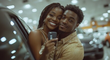 Poster - Young couple taking a selfie with their new car keys.