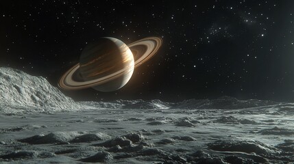 saturn seen from a moon's surface. the planet's rings are visible and a field of stars can be seen i