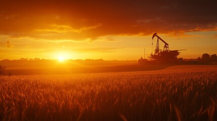Poster - A sunset over a field with a large oil rig in the foreground
