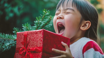 little girl with gift, 8k high resolution, holding a christmas gift with smiling face, close-up shot, christmas photo